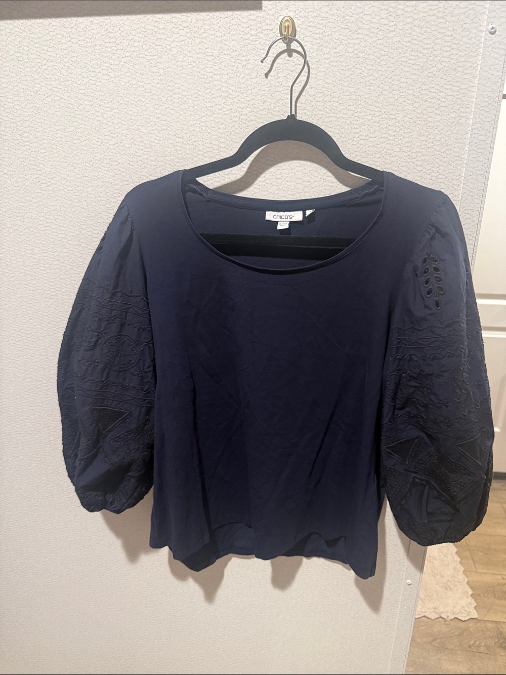 Chico's Navy Puff-Sleeve Embroidered Blouse